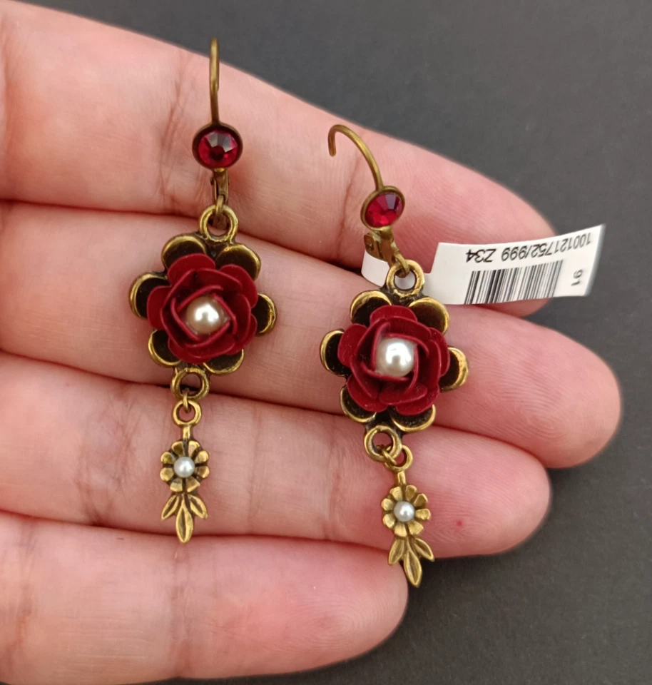 Michal Negrin Earrings Red Rose Enamel Long Floral Romantic Victorian Revival - Image 2 of 4