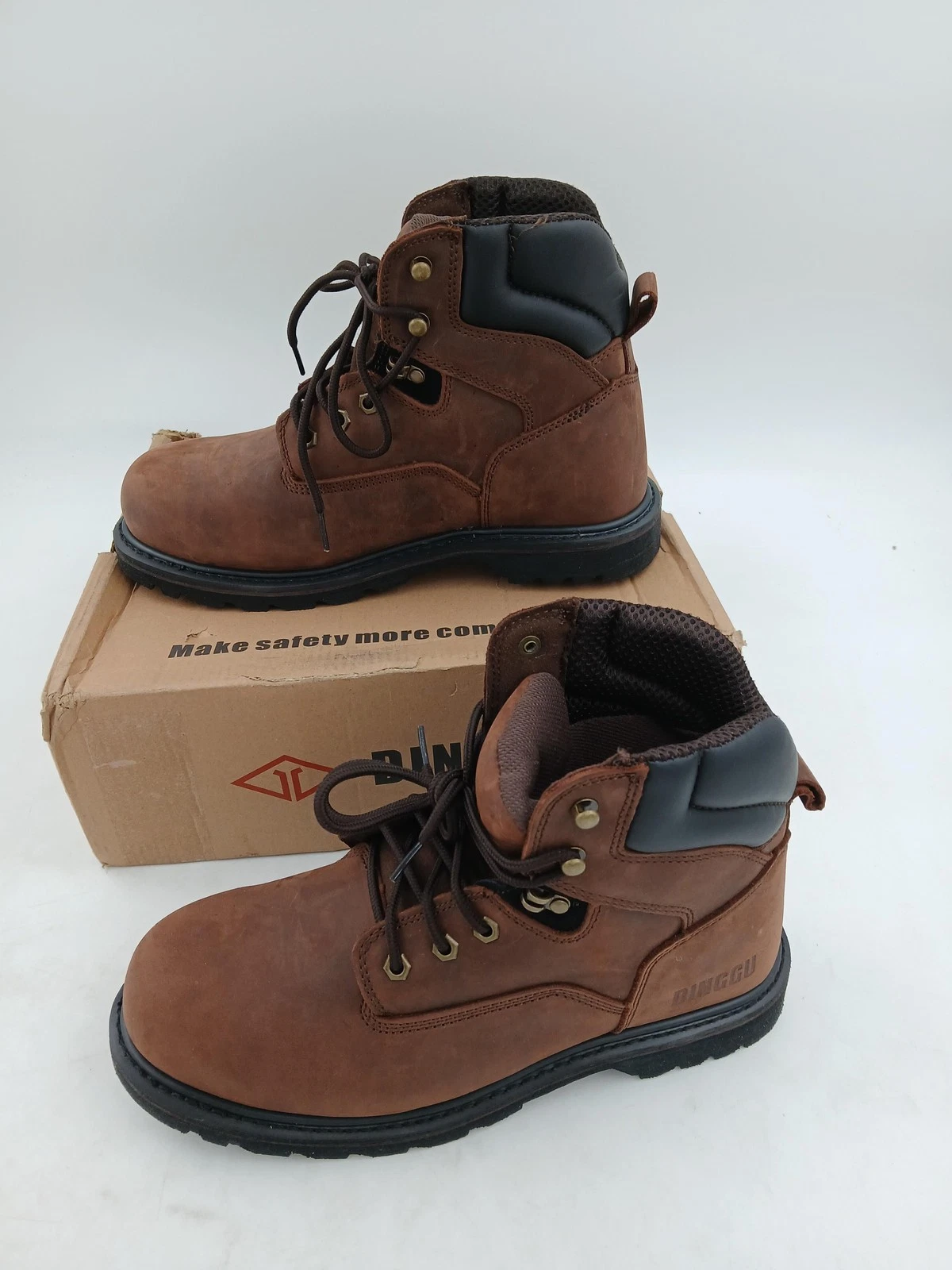 DINGGU Work Boots Mens Brown Leather Lace Up Safety Hiking Trail Size 11.5 US