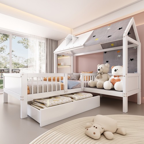 Aiorber 90x200 cm Kinderbett Hausbett aus Holz Einzelbett 2 große Schubladen - Bild 3 von 12