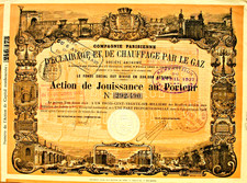 Cp par. D'Éclairage et de Chauffage par le Gaz hist. Akcje Paris 1870 Francja