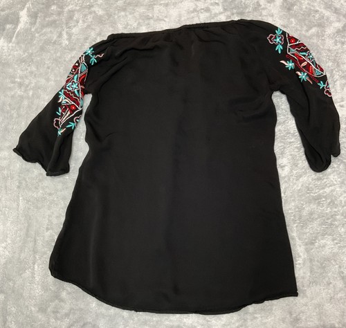SCULLY Womens Black Embroidered Western Boho Rodeo 3/4 Flare Sleeve Top Sz Small - Picture 2 of 14