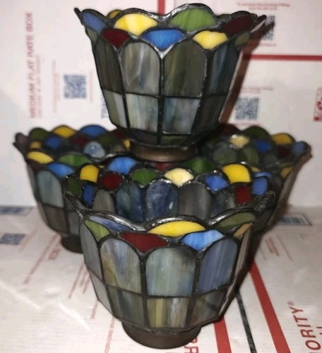 Four Tiffany Style Stained Glass Tea Light Votive Candle Holder