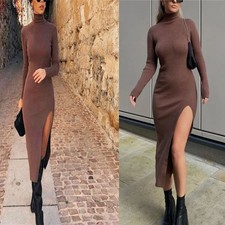 High-Neck Sweater Dresses Elegant Elastic Long Sleeves Midi Dress Fashion Women