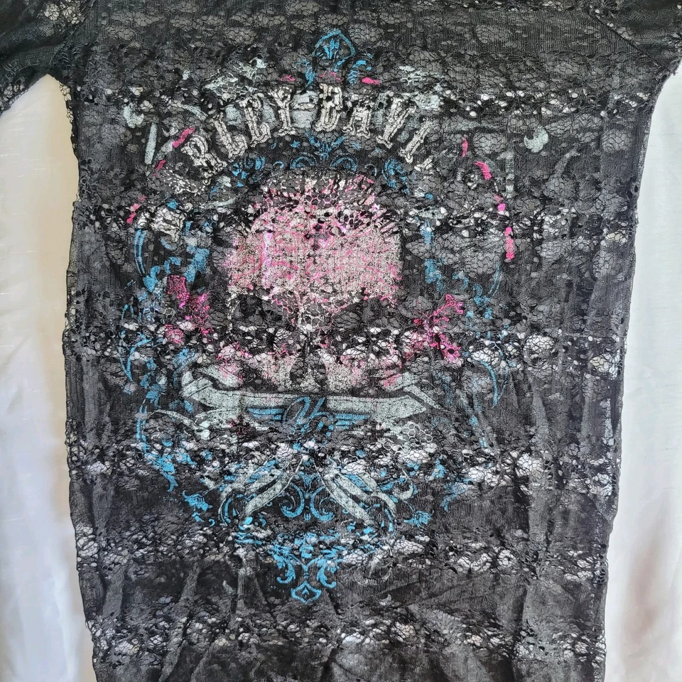 Harley-Davidson Women’s Sheer Lace Tunic/Dress Skull Graphic Black Pink Blue - Image 2 of 4