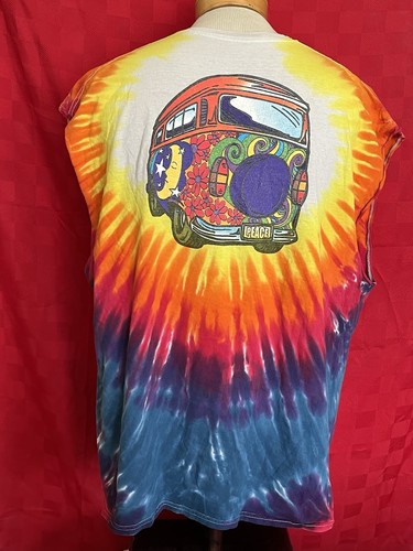 VINTAGE Hippy VW Bus Peace Flower Power Tie-Dye Shirt Size XL Sleeveless Reggae - Picture 8 of 15