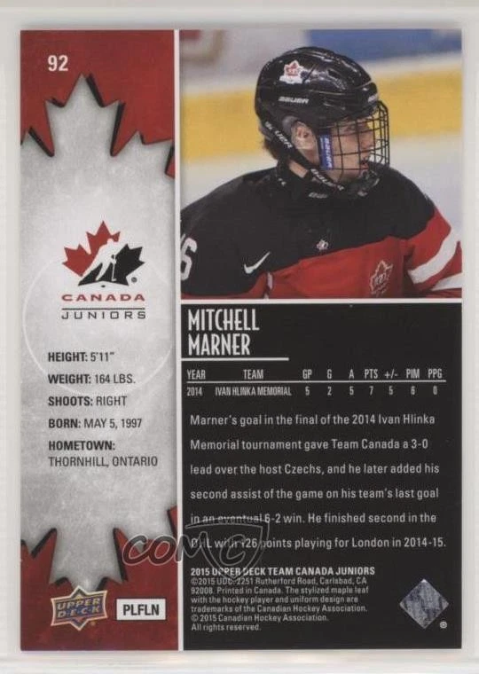 2015 Upper Deck Team Canada Juniors Gold Mitch Marner Mitchell Marner #92 - Image 2 of 2