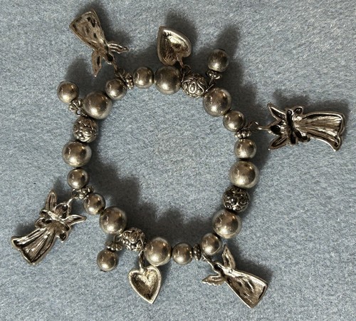 Beautiful Silver Tone Stretch Charm Bracelet Angels Hearts & Tiny Beads 8” - Picture 11 of 14