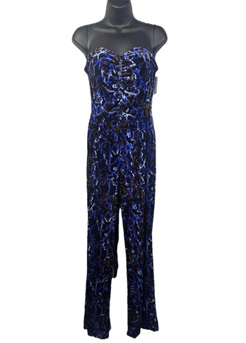 Open Edit Womens Velour Jumpsuit Stretch Strapless Printed Blue Size Medium NWT - Picture 1 of 12