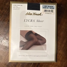 Nice Touch Lycra Sheer Thigh High. Wide Lace Band. Sandal Toe. Off Black. Size D