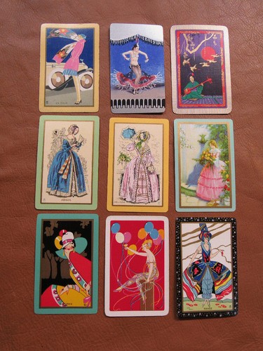 Konvolut 9 antike Art Deco Mädchen Tausch Spielkarten #1