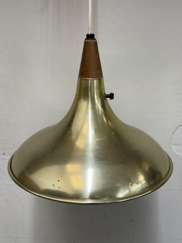 Mid Century Pull Down Light Fixture Ceiling Atomic Saucer Brass Aluminum Wood 12 - Picture 2 of 8