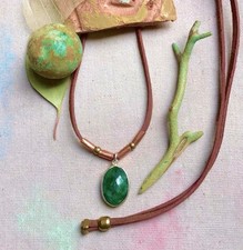 Sundance Charm Emerald Silver Necklace leather suede brown cord artisan jewelry