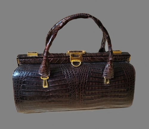 True Vintage Lamprom Couture Handtasche 60er Kroko Bowling Dunkelbraun Luxus - Bild 6 von 24