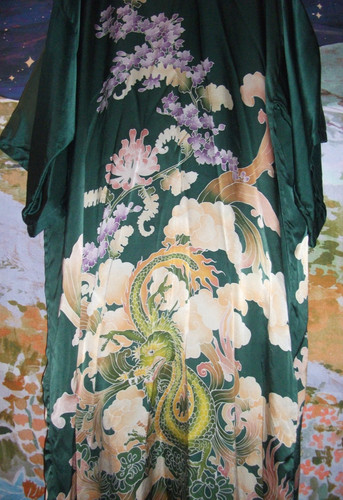 Batik Dragon 100% Silk Kimono Robe Green Unique Asian Design Indonesia Satin