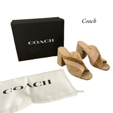 Coach Bria Women Tan Pink Oat Pale Blush Open Toe Block Heel CB Mules Size 5B