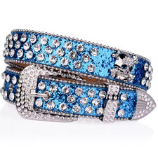 Blue Bling Skull Belt w/ Rhinestones  Glitter Western Punk Rodeo Style 