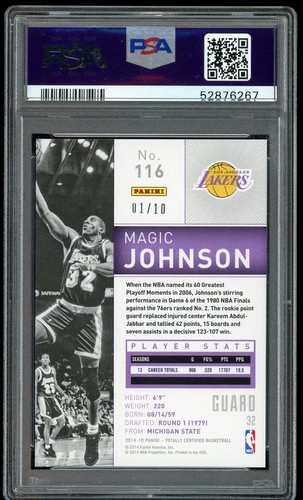 2014-15 Panini Totally Certified MAGIC JOHNSON #116 Platinum Gold /10 PSA 10 GEM - Picture 2 of 2