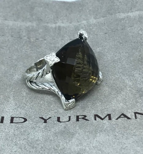 David Yurman Silver 20mm Cushion on Point Smoky Topaz Diamonds Ring 5.5 $1,800 - Picture 3 of 11