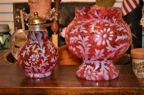 2 Opalescent Fenton Cranberry Daisy & Fern Syrup & Apothecary Jar (L.G. Wright) - Picture 3 of 11