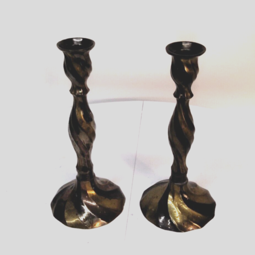 2 Vtg Swirl Spiral Twisted Solid Brass Candlesticks Holders Modern Design - Picture 7 of 13