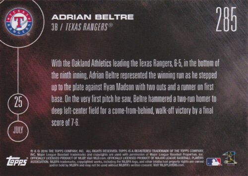 2016 TOPPS NOW 285 Adrian Beltre Texas Rangers Walk-Off PRINT RUN 280 RARE - Picture 2 of 2