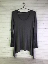 Karen Kane Asymmetrical Hem Knit Tunic Top Faux Leather Trim Gray Womens Size M
