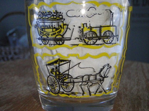 VINTAGE LOW BALL GLASS ANTIQUE TRANSPORTATION THEME MID CENT MOD BAR LIQUOR USA - Picture 4 of 9