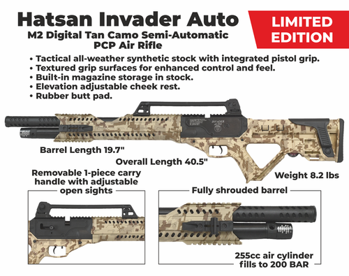 Hatsan Invader Limited Edition .25 Cal PCP Side Bolt Digital Tan Camo Air Rifle - Picture 5 of 7