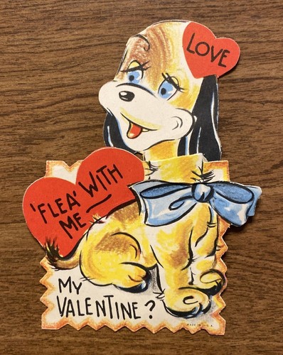 Biglietto di auguri San Valentino vintage anni 40 cane cucciolo "Flea with Me" USA - Foto 11 di 11