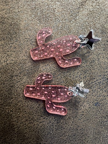 Pink Silver Cactus Earrings Lightweight Acrylic Handmade Boho Jewelry - Picture 3 of 4