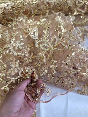 Gold Butterfly Design Lace Embroidered Sequins Fabric Sold By The Yard Prom - Picture 8 of 15