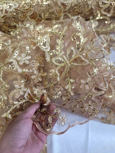 Gold Butterfly Design Lace Embroidered Sequins Fabric Sold By The Yard Prom image 8