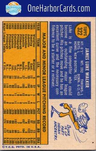 Tarjeta de béisbol 1970 Topps Pittsburgh Pirates #322 Luke Walker - Imagen 2 de 2