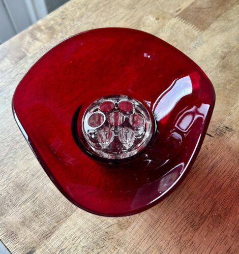 Vintage Sowerby Ruby Red Glass Tricorn Posy Bowl Vase Pressed Retro 1960s - Picture 5 of 8