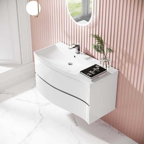 1000mm Gloss White Wall Hung Mount Left Hand Curved 2 Drawer Vanity Unit - Picture 3 of 6