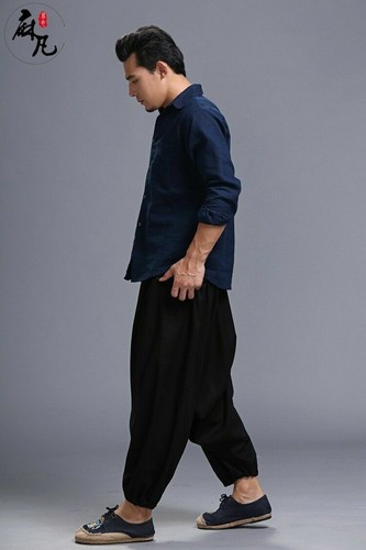 Men Linen Harem Trousers Baggy Chinese Drop Crotch Pants Loose Casual Black New - Picture 6 of 15