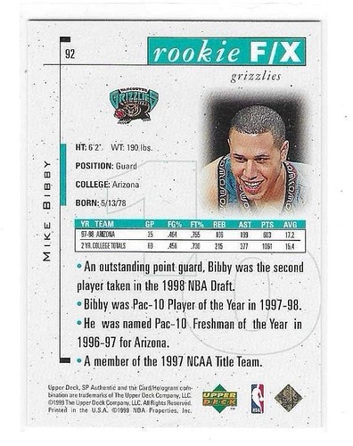1998-99 SP AUTHENTIC MIKE BIBBY ROOKIE F/X RC #92 GRIZZLIES/KINGS 3340/3500 - Picture 2 of 2