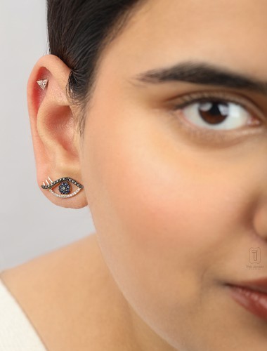 14K Gold Diamond Blue Sapphire Gemstone Evil Eye Earrings Halloween Gift - Picture 5 of 9