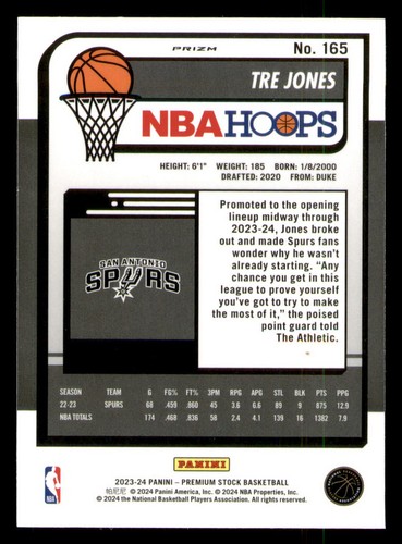Tre Jones 2023-24 Panini Premium Stock #165 Ice Prizm San Antonio Spurs - Picture 2 of 2