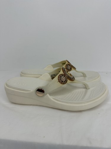 Crocs Sanrah Diamante Wedge White Oyster/Rose Gold Sandals Women Size 4 FlipFlop - Picture 2 of 9
