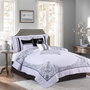 Luxurious-White-Floral-7-pcs-Comforter-Bedskirt-Sham-Pillow-Cal-King-Queen-Set