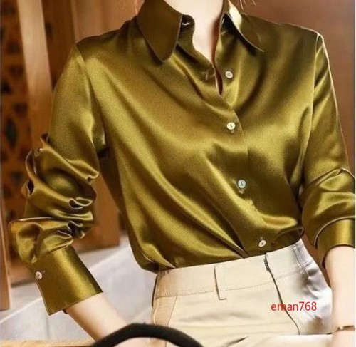 Womens Long Sleeve Satin Silk Shirt Office Ladies Button-down Blouse Work Tops - Picture 10 of 26