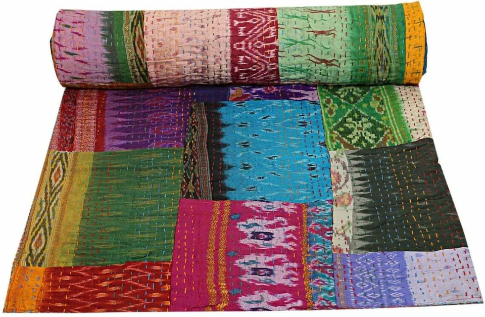 Multi Indian Handmade Vintage Patchwork Silk Blanket Twin Kantha Quilts Throw - Image 3 of 4