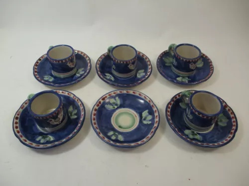 11 Piece Set Vintage Vietri Solimene Italy Blue Rooster Ceramic Cup and Saucer