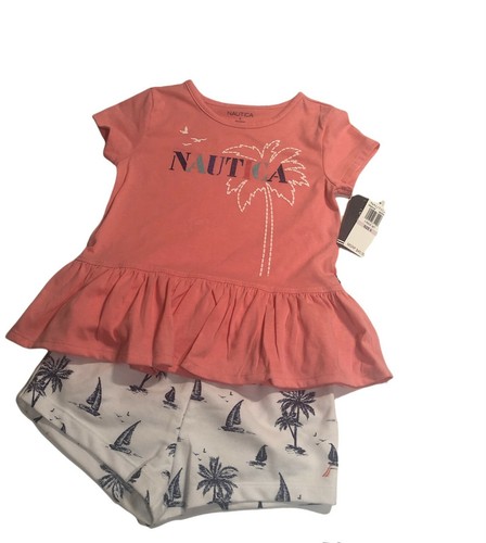 Nautica Girls Shorts Set Coral Palm Tree Logo Ruffle Tee/White Sailboat Shorts 6 - Picture 3 of 11