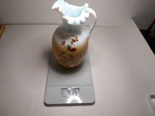 antik Opalinglas bauchige Vase mit Henkel handbemalt Blumen h 21,5 cm 475 g - Bild 22 von 22