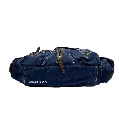 Bolso de Lona de Hombro de Lona Azul Pequeño 12 Pulgadas Acento de Hilo de Bordar - Imagen 3 de 4