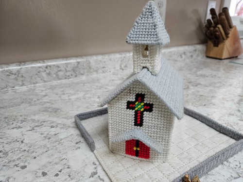 Vtg Church Building Woven Canvas Needlepoint 10 pc Plastic Nativity Set Cross - Picture 2 of 13