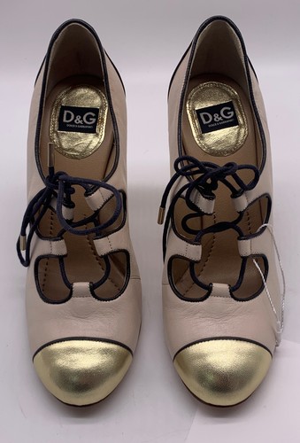 D&G Dolce&Gabbana Off-White Lace Up Metallic Gold Cap Toe & Heel Pumps sz 38 - Picture 3 of 7