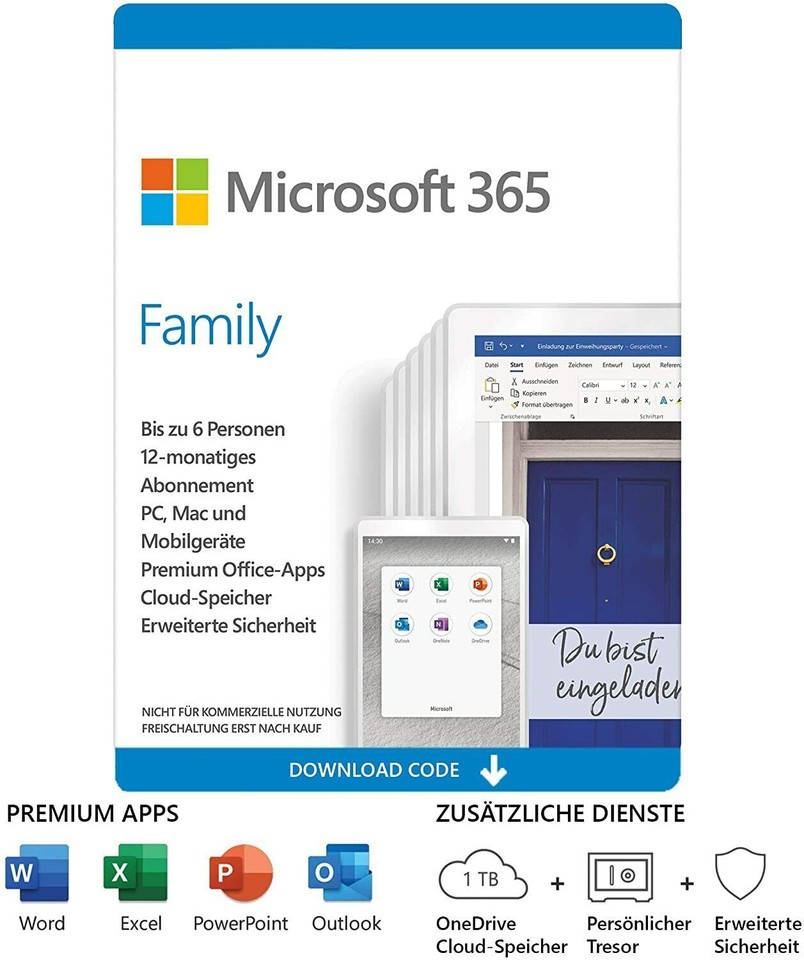 Microsoft Office 365 Family 6 Nutzer 1 Jahr Abo MS Office 365 Home 2026 ...